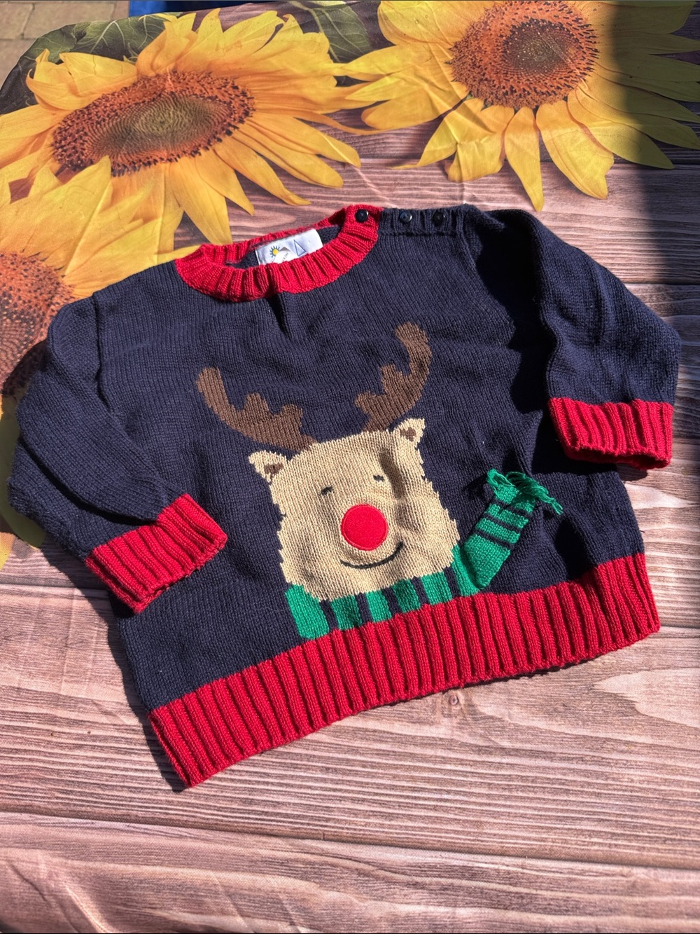 Florence Eiseman Navy & Red Reindeer Sweater with Green Accent
